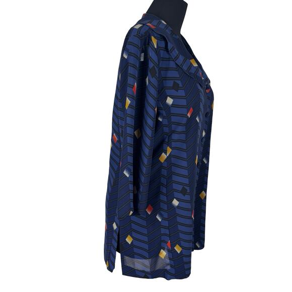 Vintage 80s Geometric Chevron Tunic Blouse Sheer Panels Blue Art Deco Pattern L - Picture 7 of 16
